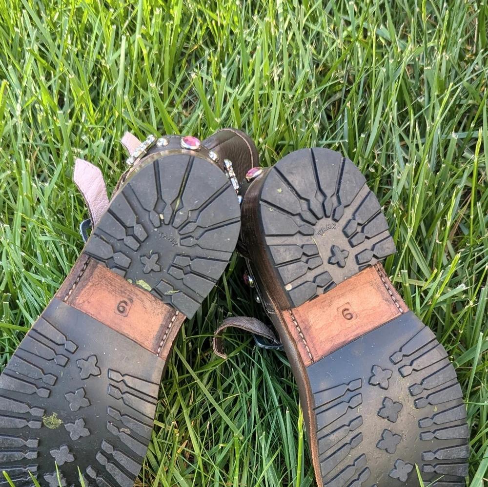 Brown Leather Cowboy Biker Moto Rare Pink Bling Boots 9 fit like 8.5 - Picture 7 of 12